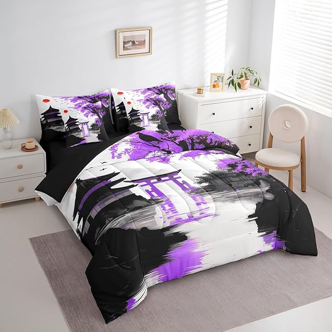 7 Piece Japanese Bedding Set With Sheets Queen Sun Cherry Blossom Comforter Set Watercolor Black Purple Mountain Sakura Floral Bed In A Bag For Girls Adults Women Asian Chinese Ink Anime Bed Set