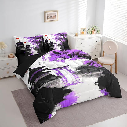 7 Piece Japanese Bedding Set With Sheets King Sun Cherry Blossom Comforter Set Watercolor Black Purple Mountain Sakura Floral Bed In A Bag For Girls Adults Women Asian Chinese Ink Anime Bed Set