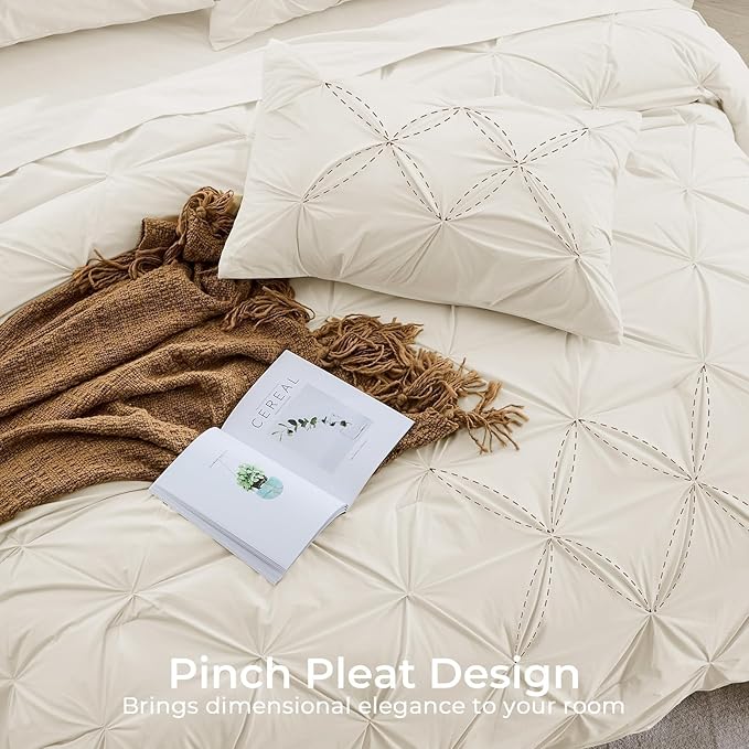 Sasttie King Size Comforter Set, 7-Piece Bed in a Bag, Pintuck Bedding Set for All Season, Includes Comforter, Flat Sheet, Fitted Sheet, Pillowcases and Pillowshams, Beige