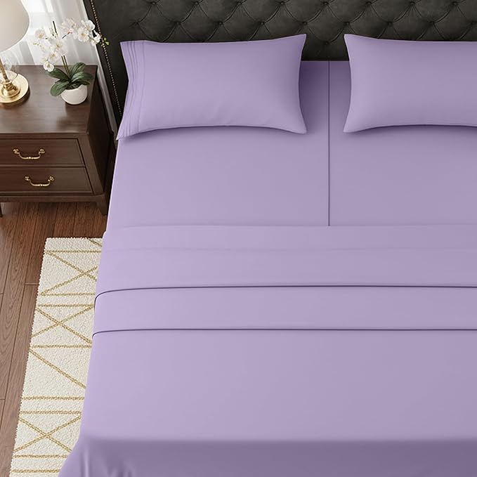 Elegant Comfort Luxurious 1500 Premium Hotel Quality Microfiber Three Line Embroidered Softest 5-Piece Bed Sheet Set, Wrinkle and Fade Resistant, Split King, Lavender