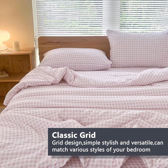NSNLGSGC Twin Comforter Set, Pink Gingham Bedding Comforter Sets, Pink Grid Bed Comforter 2 Pieces (1 Comforter, 1 Pillowcase)