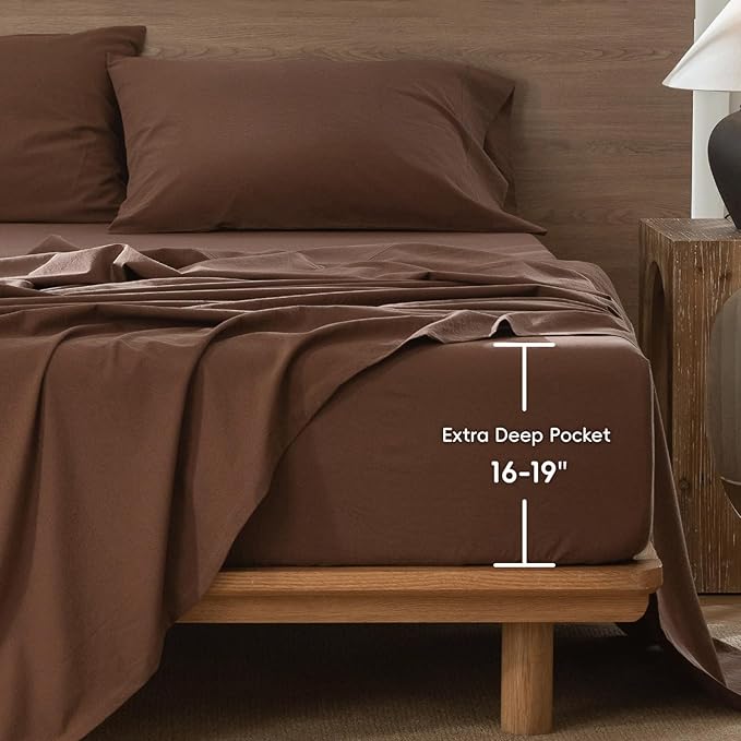MooMee Fitted Bottom Sheet Only 100% Washed Cotton Linen Like Textured Breathable Durable Soft Comfy Deep Pocket Fits Mattress up to 17" (Cocoa Brown, King)