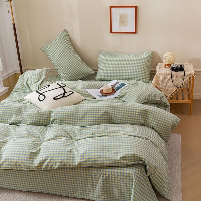 EAVD Blue Yellow Gingham Comforter Set Queen Soft Mini Grid Plaid Checkered Pattern Bedding Set with 2 Pillowcases Modern Farmhouse Gingham Plaid Comforter Set for All-Season
