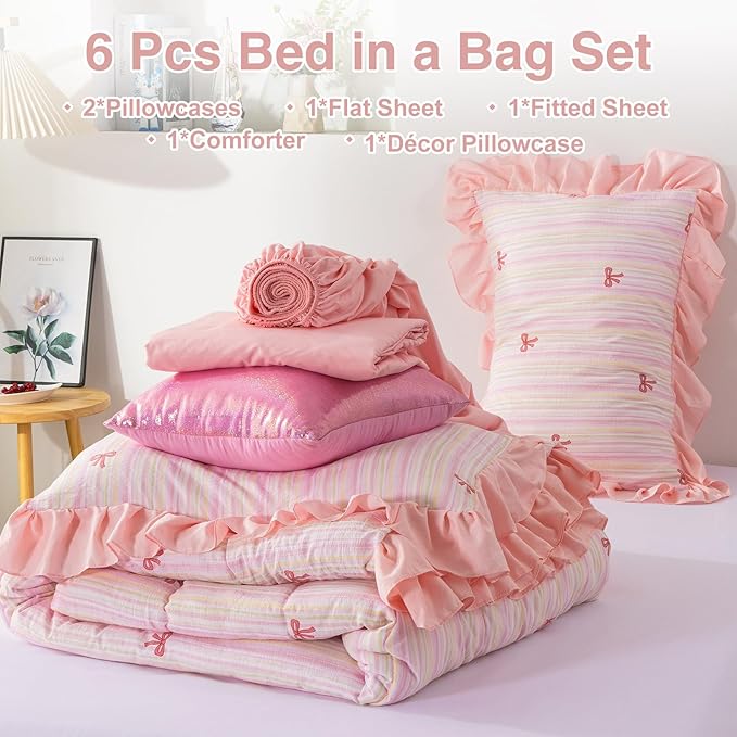 A Nice Night Rainbow Stripes & Bows Bedding Set,Ruffle 6 Piece Bed in a Bag Matching Sheet Set,Princess Style Chic Bow Printed,Light Pink Room Decor for Girls,Queen