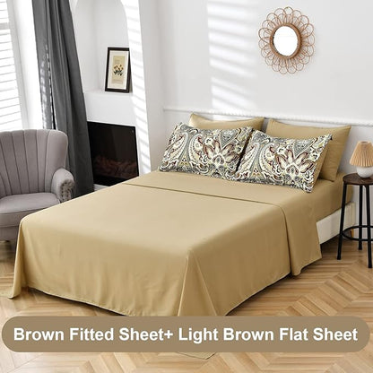 Boho Comforter Set Queen, 7 Pieces Bed in a Bag Comforter Boho Paisley Pattern Bedding Soft Microfiber Queen Size (1 Khaki Comforter, 1 Flat Sheet, 1 Fitted Sheet, 2 Pillow shams, 2 Pillowcases)