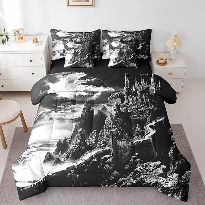 Erosebridal Gothic Dragon 7 Piece Comforter Set Full Bed in a Bag,Vintage Mythical Animal Bedding Sets Fantasy Castle Dark Sky Sheet Set with Comforter