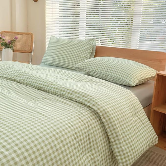 NSNLGSGC Twin Comforter Set, Sage Green Gingham Bedding Sets, Green Grid Bed Comforter 2 Pieces (1 Comforter, 1 Pillowcase)