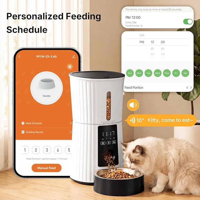 NEWBULIG 4L Automatic Cat Feeder with APP, 2.4G WiFi Pet Feeders, White | Applicable for Dry Food, 19.5 Cups, Programmable Schedule, 10 Meals/Day, 50 Portions/Meal, 10s Voice Recorder, Dual Power
