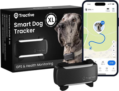 Tractive XL Smart Dog GPS Tracker | Live Pet Tracker with Virtual Fence | Vital Signs Monitoring of Heart & Respiratory Rate | Up to 6-Weeks Battery Life | Dog Collar Attachment (Black)
