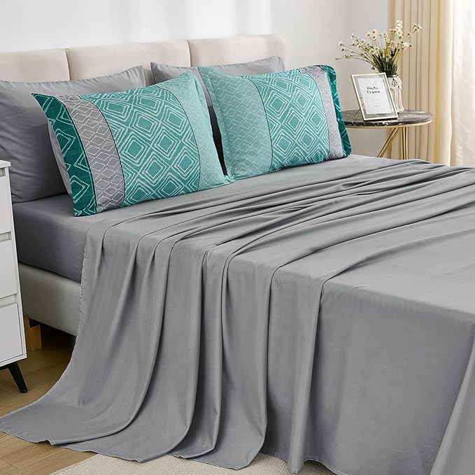 Dinjoy Teal Green King Size Comforter Set,Striped Boho Bed in a Bag King 7 Pieces Soft Bedding Comforters Sets with Sheet Beds Warm Microfiber Complete Set for All Season