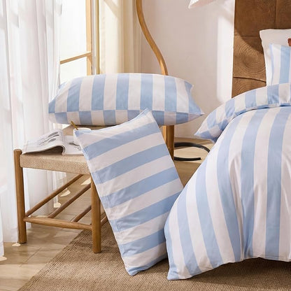 Merryword Blue and White Striped Duvet Cover Set Queen Size, 100% Cotton Bedding Set with Zipper Closure & 8 Corner Ties, Luxury Linen Like Bedding, Soft Breathable Comforter Cover for All Seasons