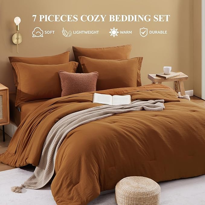 WRENSONGE Queen Comforter Set- 7 Pieces Terracotta Bed in a Bag Queen with Fitted Sheet, Flat Sheet, 2 Shams, and 2 Pillowcases- Warm Bedding Sets for All Season