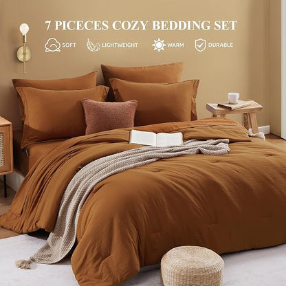 WRENSONGE Oversize King Size Comforter Sets- 7 Pieces Soft Terracotta Bed in a Bag with Fitted Sheet, Flat Sheet, 2 Pillow Shams, 2 Pillowcases, Warm Bedding Sets for All Season