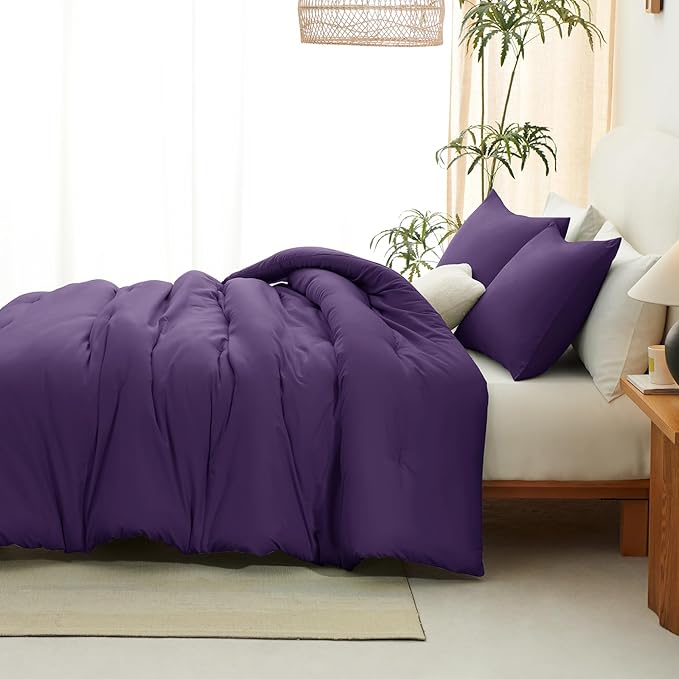 CozyLux Queen Comforter Set Purple, 3 Pieces Solid Comforters Queen Size Breathable Quilted Bedding Sets, Luxury Soft Lightweight Bed Set with Down Alternative Comforter and 2 Pillowcases All Seasons