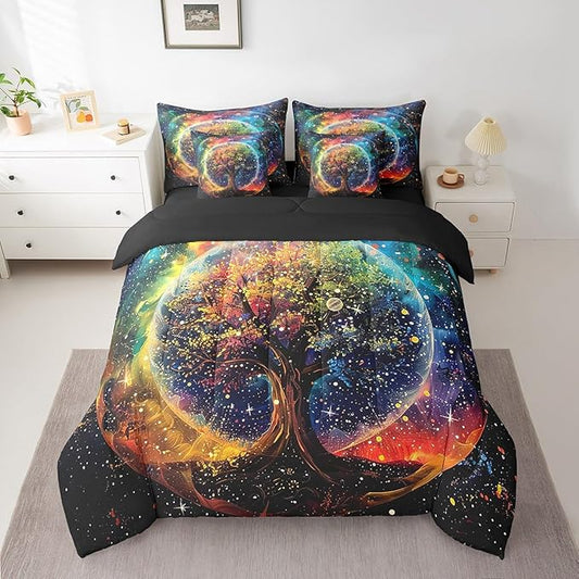 Colorful Life Tree Bedding Set,Outer Space Galaxy Starry King Comforter Set with Sheets for Boys Girls Teens Room Decor,Exotic Bohemia Tree of Life Bed in a Bag 7 Piece for Bedroom Living Room