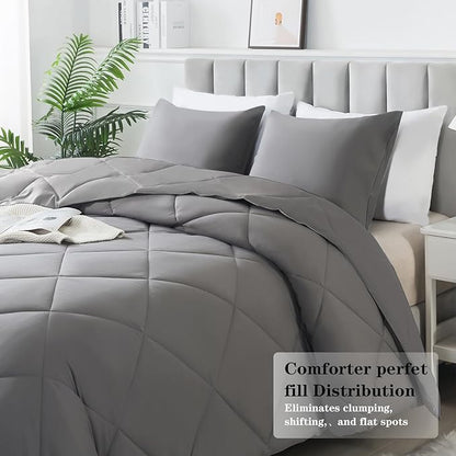 3-Piece Queen Comforter Set,All-Season,Soft & Hypoallergenic &Breathable Bedding,Polyester Quilted,Down Alternative(Comforter*1 & Pillowcases*2),Dark Gray