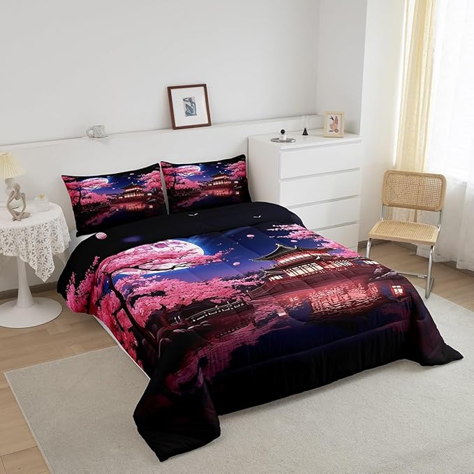 Pink Cherry Blossoms Comforter Set Queen Size,Japanese Style Building View Bedding Set for Kids Girls Women Men Bedroom Decor,Night Moon Quilt Set Romantic Exotic Duvet Insert,2 Pillowcases