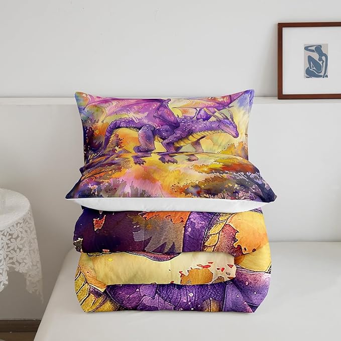 Purple Dragon Comforter Set Queen Size,Cartoon Animal Bedding Set for Kids Boys Girls Room Decor,Watercolor Abstract Art Duvet Insert 3Pcs,Jungle Flying Dragon Wildlife Quilt Set,2 Pillowcases