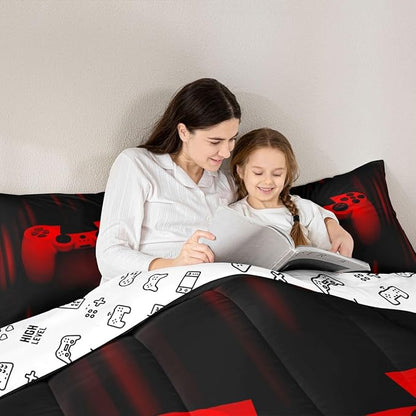 Feelyou Boys Gamer Comforter Set King Size Gaming Bedding Set Kids Video Games Comforter for Teen Child Gamer Room Decor Super Soft Red Black Bed Set Microfiber Game Geometric Duvet Quilted Gamer Gift