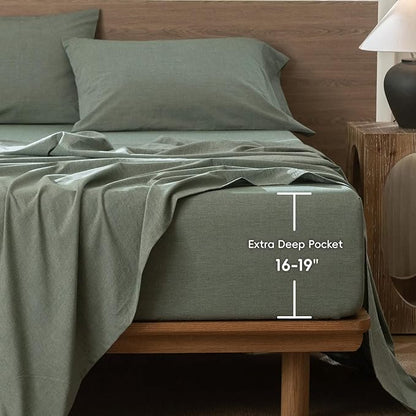 MooMee Fitted Bottom Sheet Only 100% Washed Cotton Linen Like Textured Breathable Durable Soft Comfy Deep Pocket Fits Mattress up to 17" (Heathered Green, King)