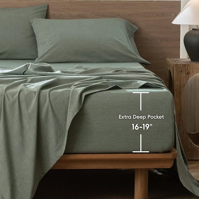 MooMee Fitted Bottom Sheet Only 100% Washed Cotton Linen Like Textured Breathable Durable Soft Comfy Deep Pocket Fits Mattress up to 17" (Heathered Green, Queen)