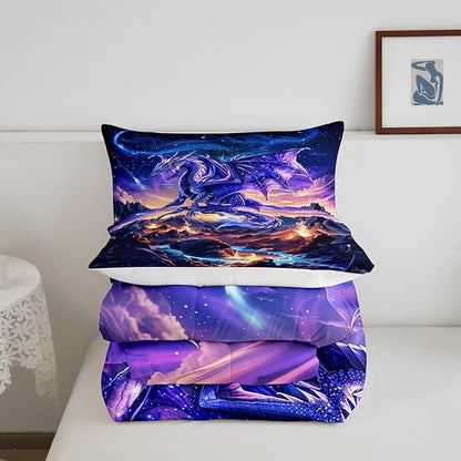 Dragon Comforter Set Full Size,Magical Animals Bedding Set 3Pcs,Kids Girls Boys Teens Room Decor,Starry Sky and Flame Mountain Quilt Set Purple Western Wildlife Theme Duvet Insert,2 Pillowcases