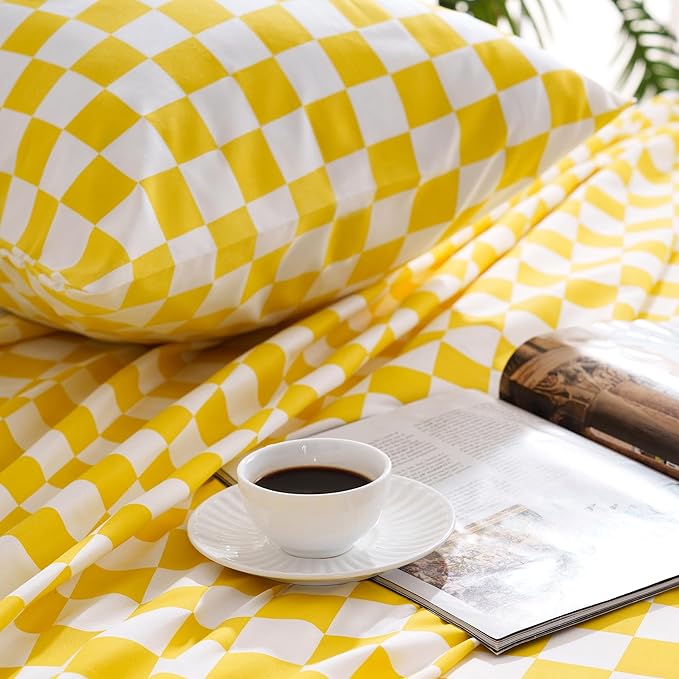 Best Season Bed Sheet Set 4 Piece -Full Size-Soft Durable Microfiber Bedding Sheet Set,Deep Pocket,Stain,Fade & Wrinkle Resistant Green and White Checkerboard Grid(Plaid Yellow&White)