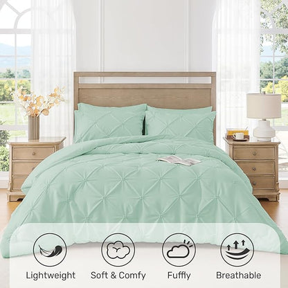 UNIKOME King Size Comforter Set Sage Green - Ultra Soft Boho Pintuck Down Alternative Bedding Set for All Seasons, 3 Pieces Lightweight Warm Pinch Pleat Bed Set with Comforter, 2 Pillowcases