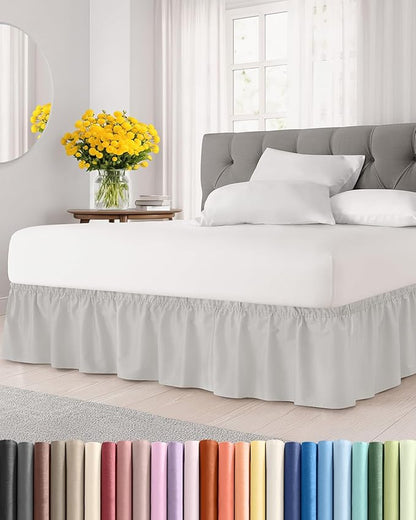 Wrap Around Dust Ruffle Bed Skirt - French Grey - for Queen Size Beds w/ 15 Inch Drop - Easy Fit Elastic Strap - Adjustable Pleated Bedskirt w/Brushed Fabric - Wrinkle Free, Women, Men, Kids & Teens