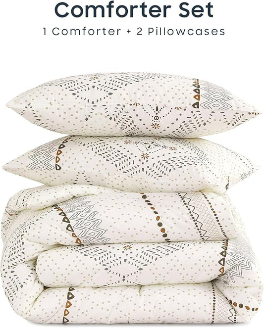 Wake In Cloud - Boho Comforter Set, Farmhouse Bohemian Western Aztec Neutral Aesthetic, Soft Lightweight Bedding, 3 Pieces, Beige, California King Size