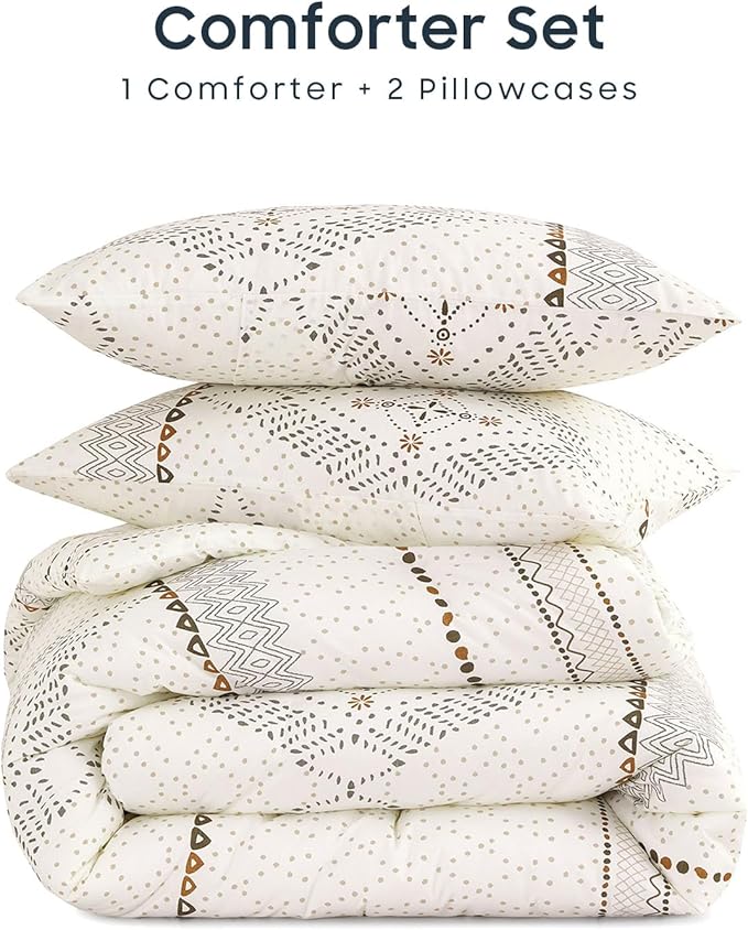 Wake In Cloud - Boho Comforter Set, Farmhouse Bohemian Western Aztec Neutral Aesthetic, Soft Lightweight Bedding, 3 Pieces, Beige, King Size