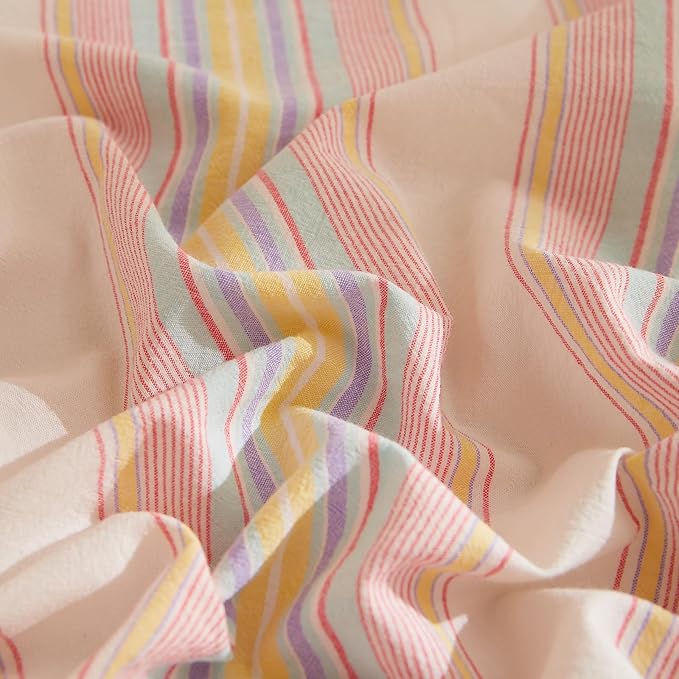 EAVD Retro Striped Comforter Set Queen Multicolor Soft 100% Washed Cotton Chic Colorful Striped Bedding Set with 2 Pillowcases Reversible Farmhouse Geometric Pattern Comforter Set for All-Season