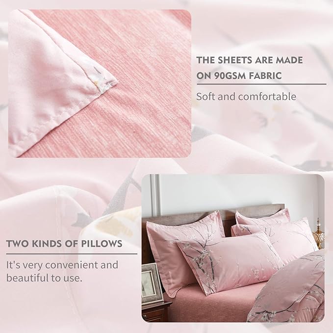 AIKASY Bed in a Bag 6 Pieces Twin Size - Floral Print - Soft Microfiber, Reversible Bed Comforter Set (1 Comforter, 2 Pillow Shams, 1 Flat Sheet, 1 Fitted Sheet, 1 Pillowcases)（Pink, Twin）