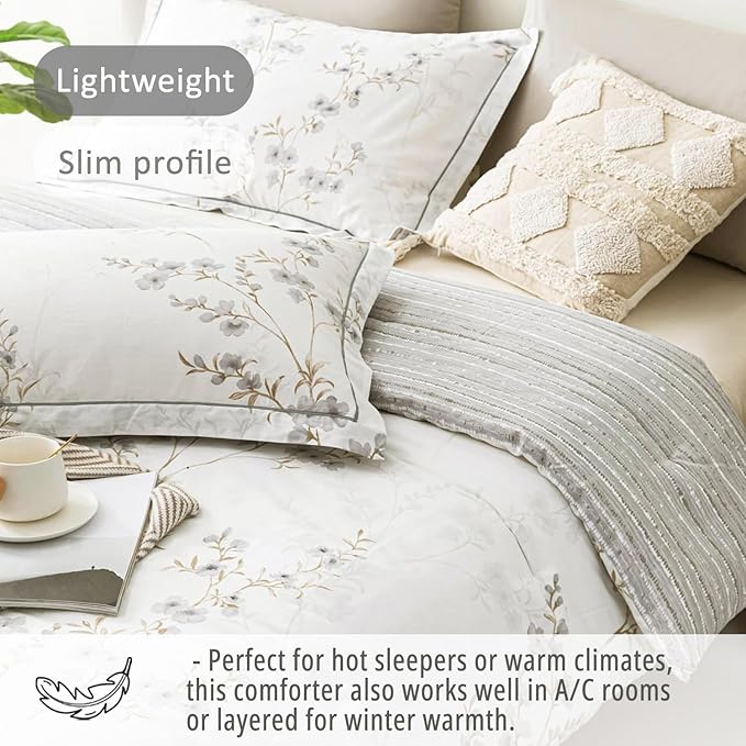 Vintage Botanical White Cotton Comforter Queen Size - Elegant Gray Flowers and Taupe Branches on White, Light Gray Striped Back, 3PC Lightweight Bedding Set with Ultra-Soft Alternative Fill