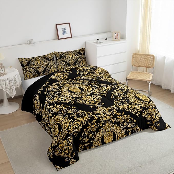 Feelyou Adults Golden Vintage Damask Floral Comforter Set Oriental Antique Comforter Twin Size Gothic Bohemia Boho Bedding Set Exotic Sugar Skull Duvet Set Quilt Set 2Pcs