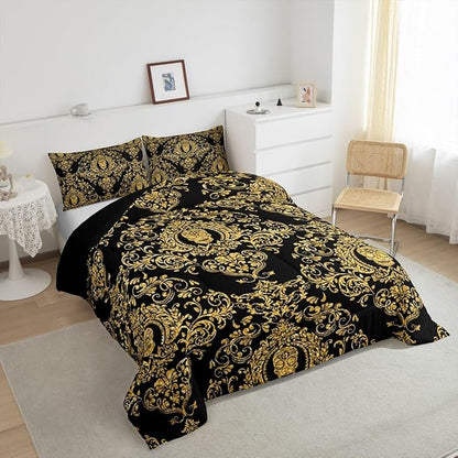 Feelyou Adults Golden Vintage Damask Floral Comforter Set Oriental Antique Comforter Twin Size Gothic Bohemia Boho Bedding Set Exotic Sugar Skull Duvet Set Quilt Set 2Pcs