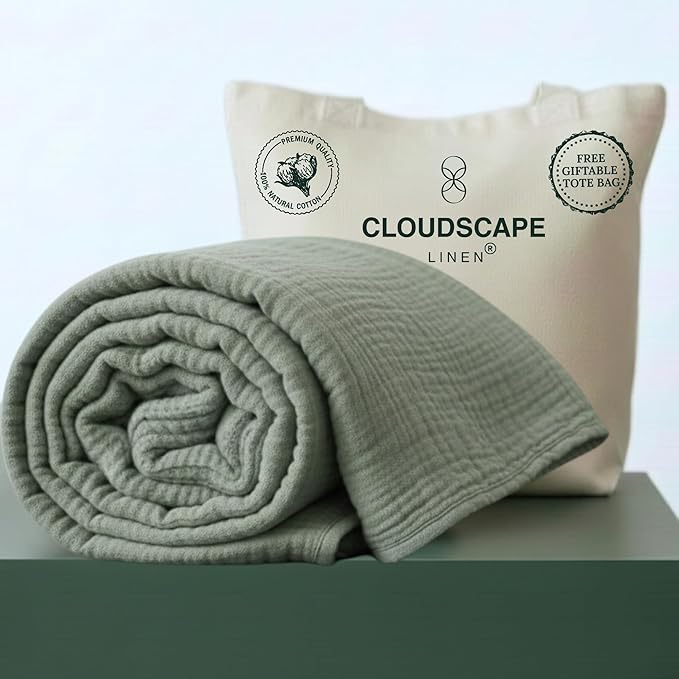 CLOUDSCAPE 100% Cotton Muslin Blanket Twin Size, 4 Layer Oversized 68x92 Fits Twin XL Bed, Soft Breathable, Lightweight, Summer Blanket for Adults, Perfect Spring Gift for All Season- Olive Green