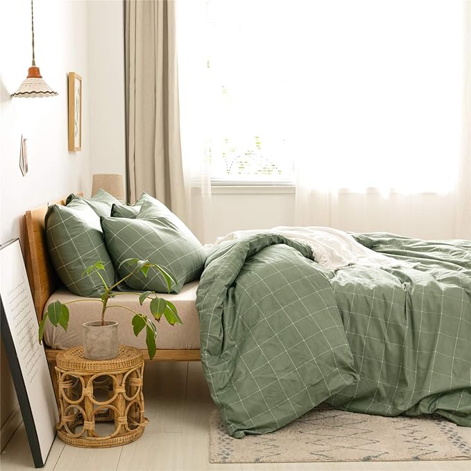 JELLYMONI 100% Natural Cotton 3pcs Plaid Duvet Cover Sets,Green with White Grid Geometric Pattern Printed Comforter Cover,with Zipper Closure & Corner Ties(Queen Size)