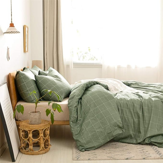 JELLYMONI 100% Natural Cotton 3pcs Plaid Duvet Cover Sets,Green with White Grid Geometric Pattern Printed Comforter Cover,with Zipper Closure & Corner Ties(Queen Size)