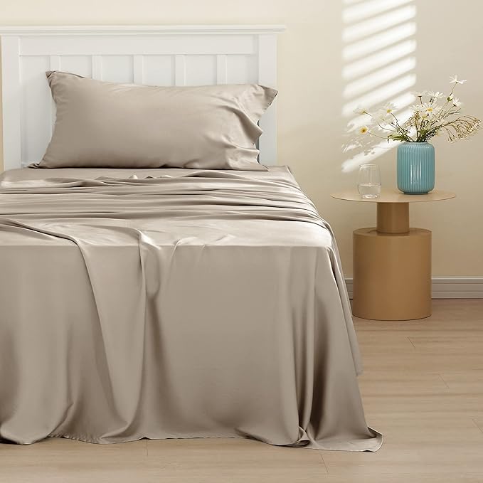 Bedsure Cooling Sheets Twin, Rayon Derived from Bamboo, PureWoven, Breathable & Soft Twin Sheets Set, Deep Pocket Up to 16 Inches, Hotel Luxury Silky Bedding for Hot Sleepers, Simply Taupe