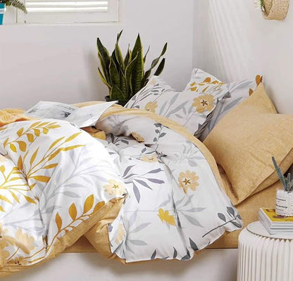 SLEEPBELLA Duvet Cover King Size, 600 Thread Count Cotton Grey Branches and Yellow Flower Reversible Comforter Cover(King, White Leaf)