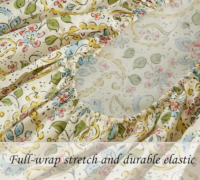 DAUAOTO Cotton Sheets Set California King Printed Bedding Sets, Farmhouse Paisley Pattern Bedlinen for Cal King Bed Up to 14" Deep Mattress Yellow