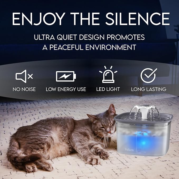 Veken Innovation Award Winner 95oz/2.8L Cat Water Fountain | Automatic Pet Fountain Dog Water Dispenser with Replacement Filters & Silicone Mat for Cats, Dogs (Transparent Grey)