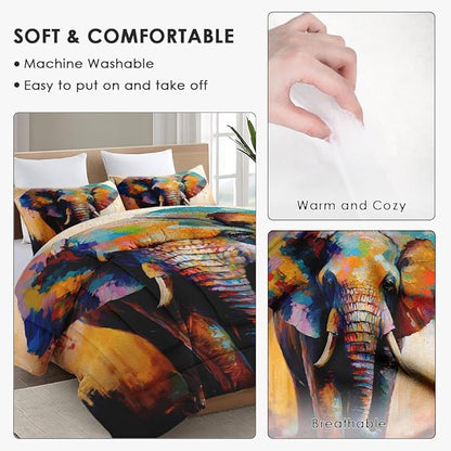 Full Size Comforter Set with 2 Pillowcases, Painting Colorful Elephant Soft 3 Pcs Bedding for Kids and Adults Bedroom Bed Decor