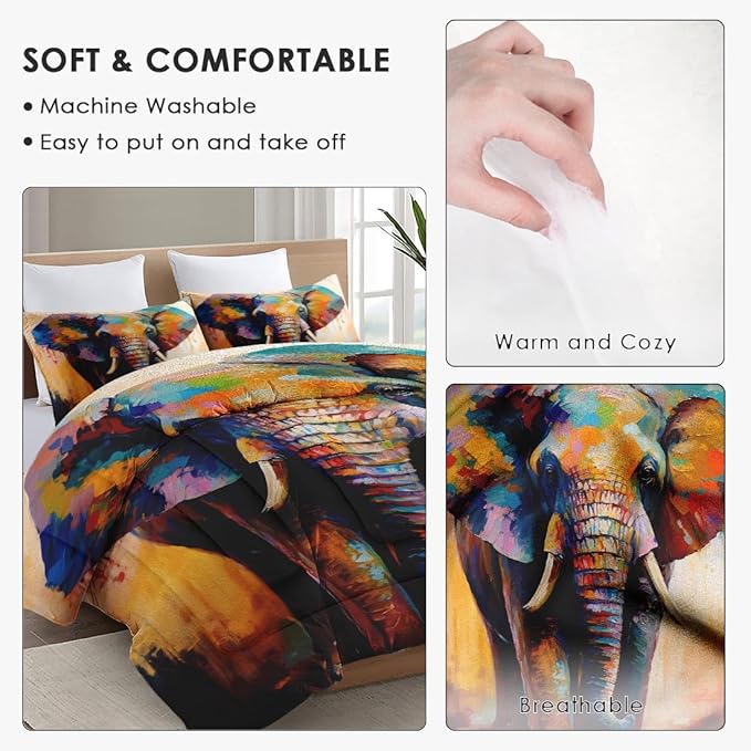 Twin Size Comforter Set with Pillowcase, Colorful Wild Animal Elephant Soft 2 Pcs Bedding for Kids and Adults Bedroom Bed Decor