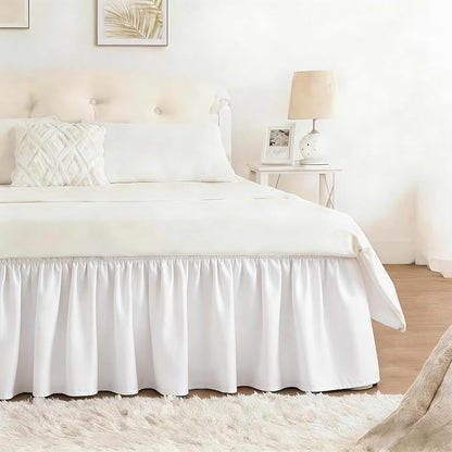RIMELA Warm White Bed Skirt King Size 12 Inch Drop, Wrap Around Elastic Adjustable Bedskirt, Bed skirting Dust Ruffle for Bed Frame & Box Spring Soft Durable Fabric Machine Washable Easy to Install