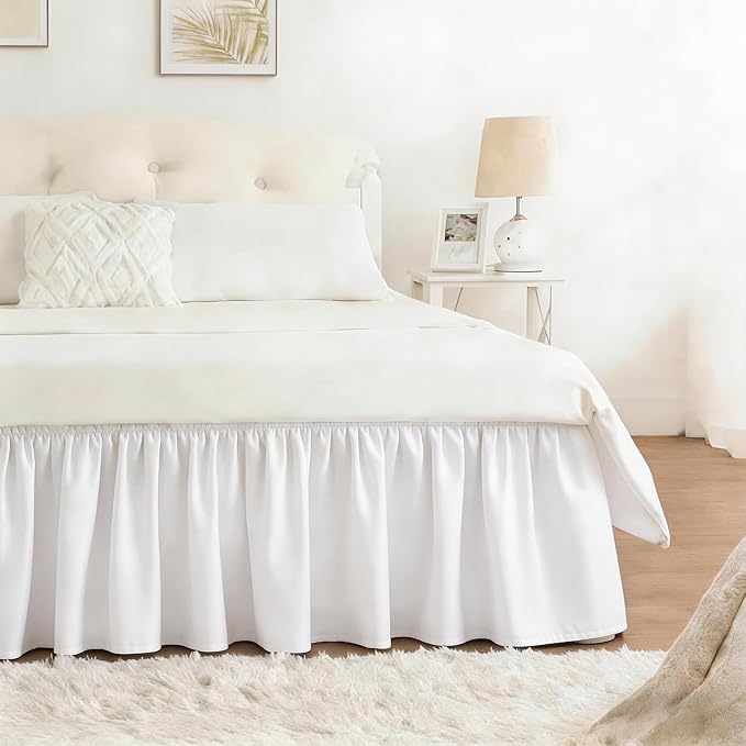 RIMELA Warm White Bed Skirt Queen 25 Inch Drop, Elastic Bed Skirts Queen Size Dust Ruffle, Bedskirt for Adjustable Bed Base, Wrinkle & Fade Resistant Silky Luxurious Fabric Easy to Install