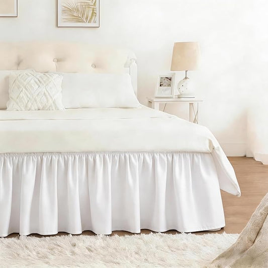 RIMELA Warm White Bed Skirt Queen 25 Inch Drop, Elastic Bed Skirts Queen Size Dust Ruffle, Bedskirt for Adjustable Bed Base, Wrinkle & Fade Resistant Silky Luxurious Fabric Easy to Install
