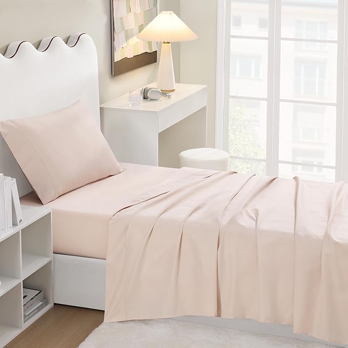UGG Hedi Twin XL Sheet Set 3-Piece Luxury Cooling Sheets Deep Pockets Premium Bedding with 1 Pillow Sham Hypoallergenic Machine Washable Soft Lightweight Bed Set for Dorm, Twin XL, Shell Light Pink