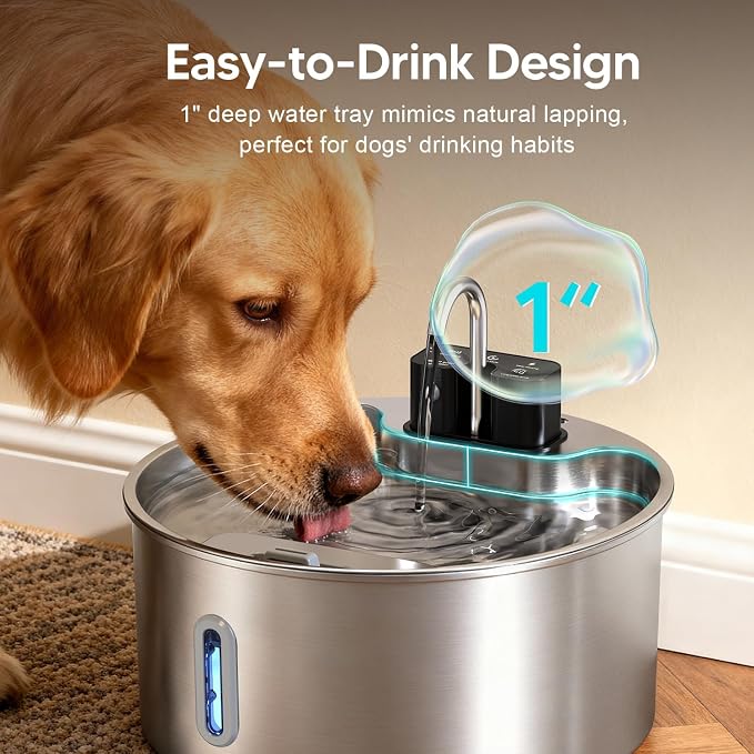 Voluas 7L Wireless Dog Water Fountain with 3 Filters, Stainless Steel | cordless Design, 236oz capacity, 4-layer filtration, ultra-quiet pump, water level window, easy clean for large dogs